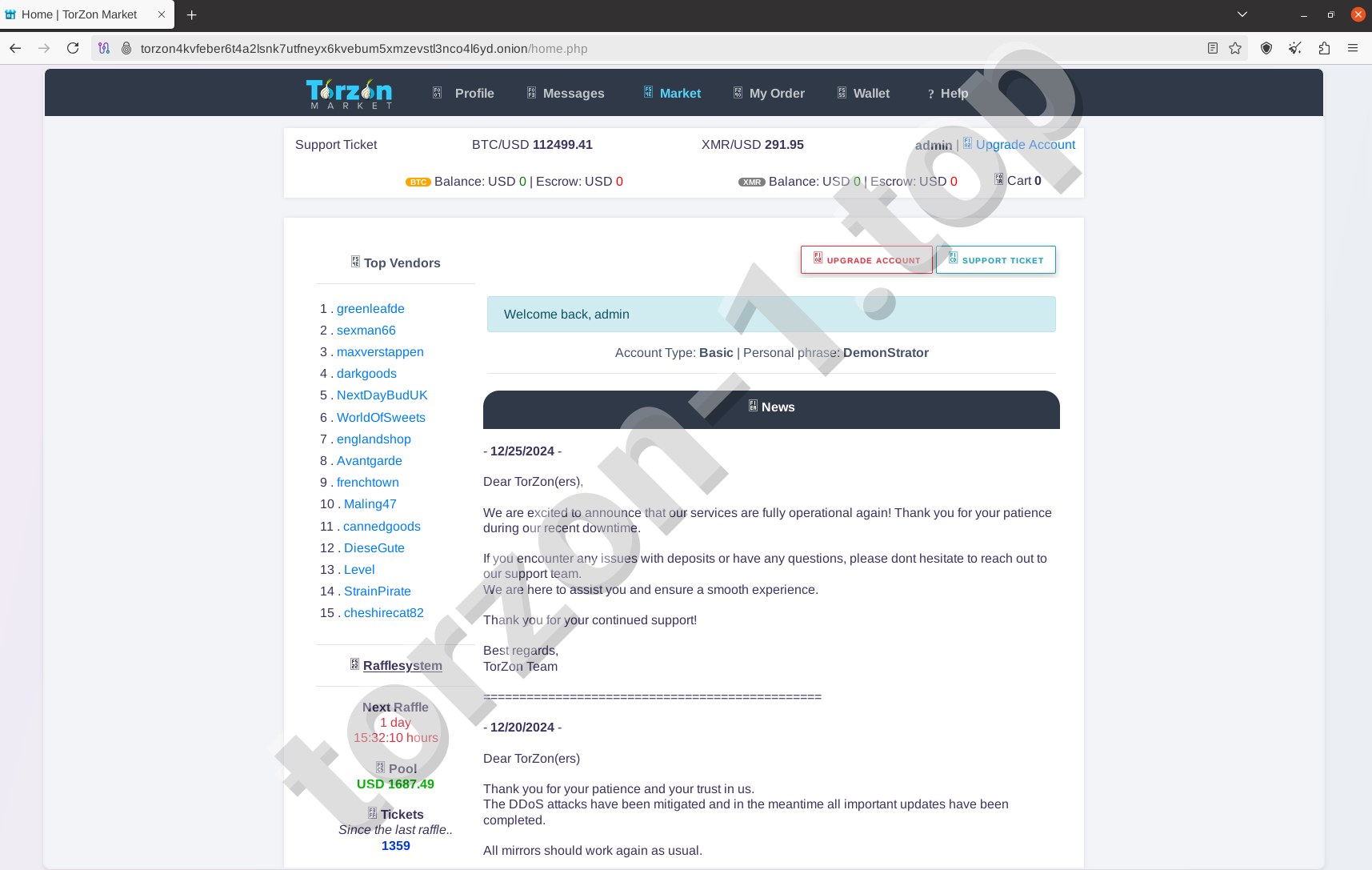 Torzon Market Homepage Interface